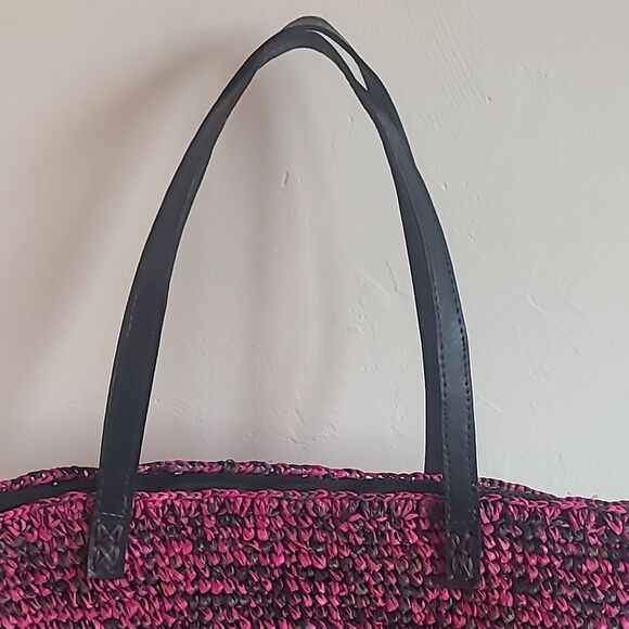 Pink and Black Woven Tote Bag Leather Handles Zip Closure - Picture 5 of 13